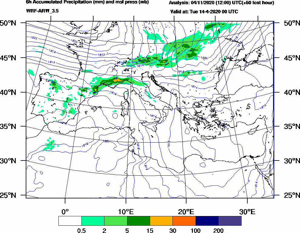 6h Accumulated Precipitation (mm) and msl press (mb) - 2020-04-13 18:00