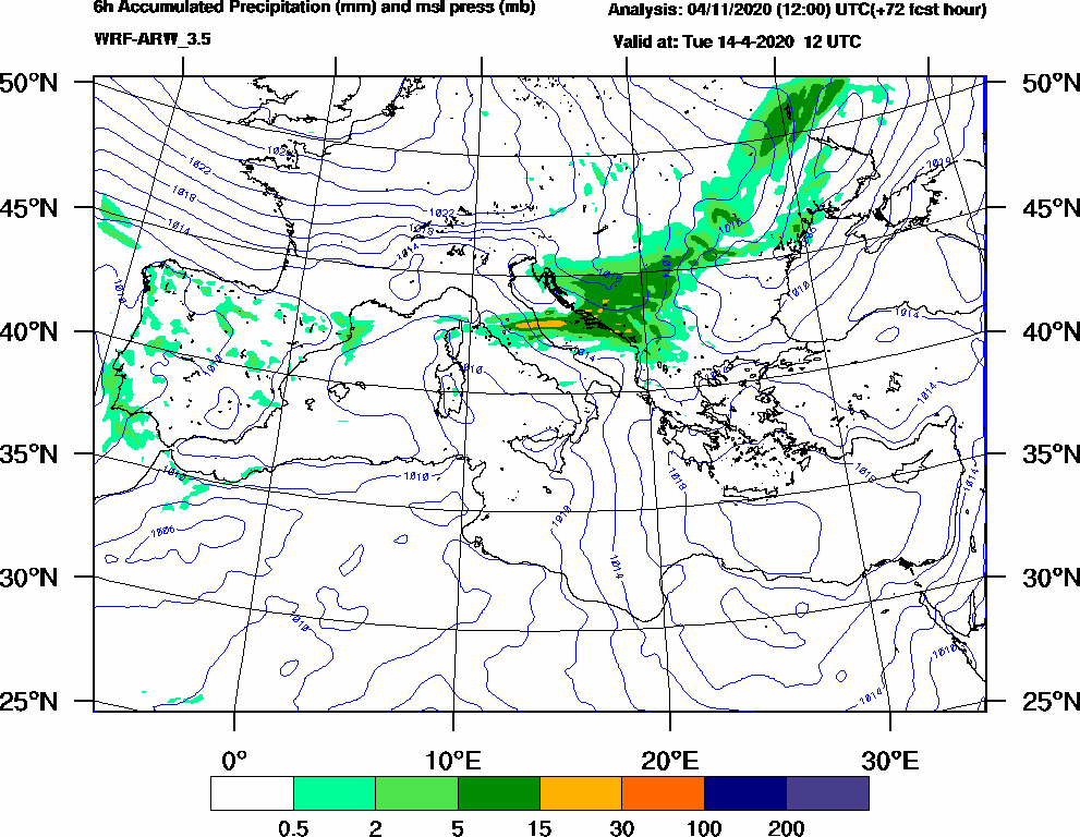 6h Accumulated Precipitation (mm) and msl press (mb) - 2020-04-14 06:00