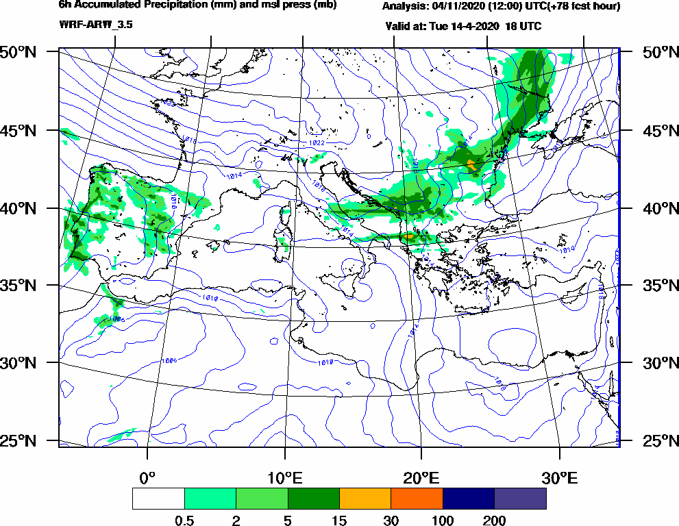 6h Accumulated Precipitation (mm) and msl press (mb) - 2020-04-14 12:00