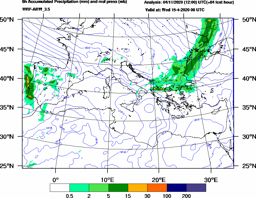 6h Accumulated Precipitation (mm) and msl press (mb) - 2020-04-14 18:00