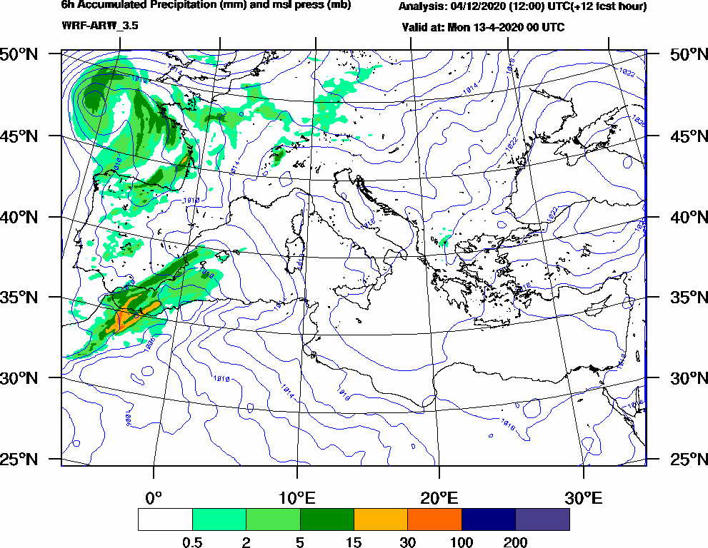 6h Accumulated Precipitation (mm) and msl press (mb) - 2020-04-12 18:00