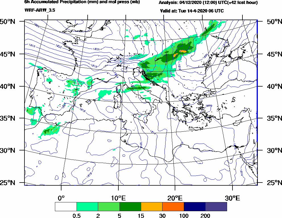 6h Accumulated Precipitation (mm) and msl press (mb) - 2020-04-14 00:00