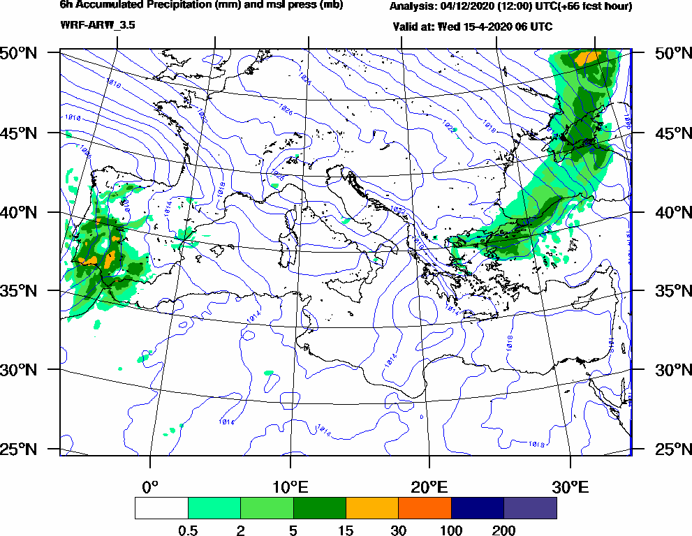 6h Accumulated Precipitation (mm) and msl press (mb) - 2020-04-15 00:00
