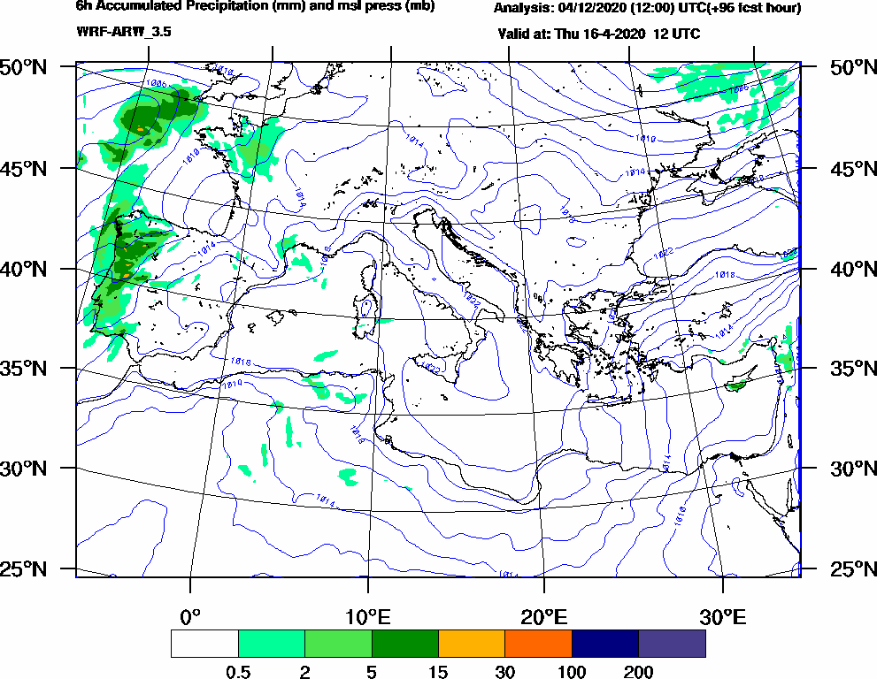 6h Accumulated Precipitation (mm) and msl press (mb) - 2020-04-16 06:00