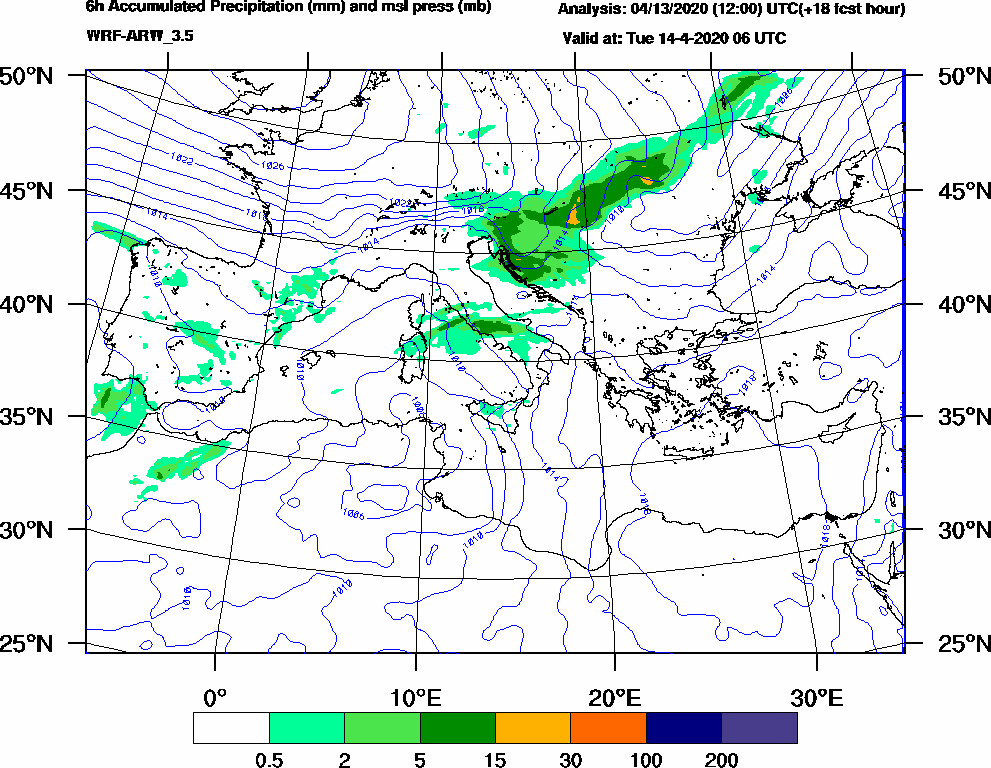 6h Accumulated Precipitation (mm) and msl press (mb) - 2020-04-14 00:00