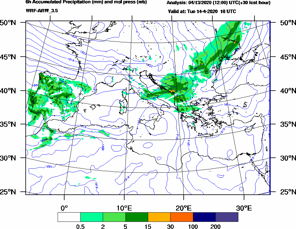 6h Accumulated Precipitation (mm) and msl press (mb) - 2020-04-14 12:00