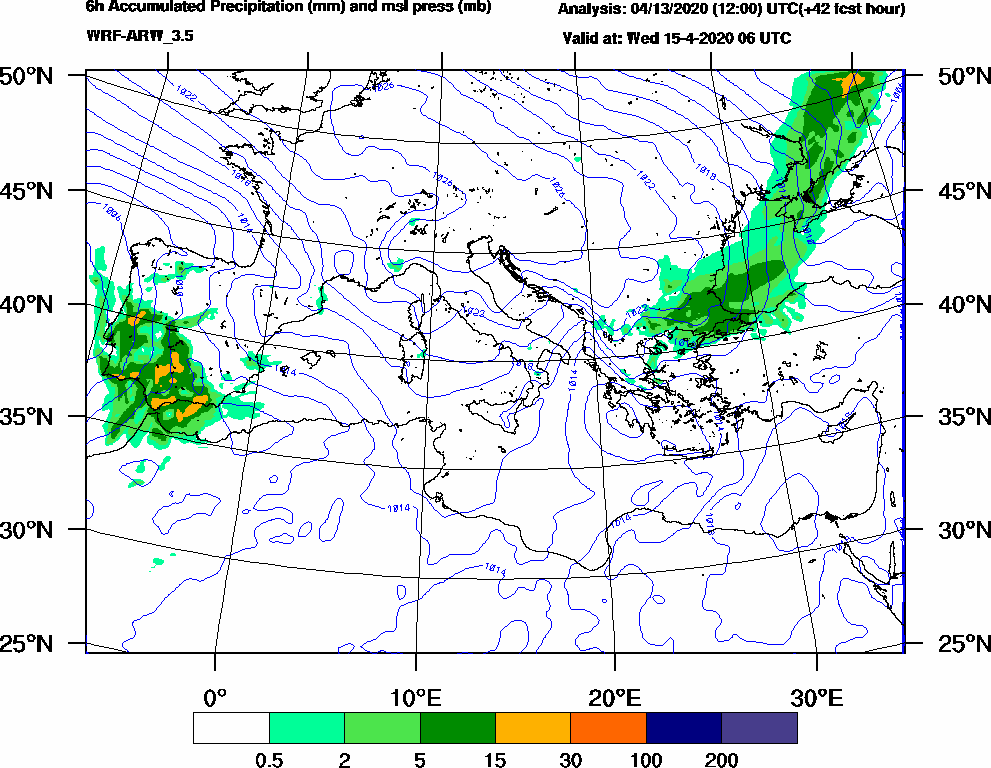 6h Accumulated Precipitation (mm) and msl press (mb) - 2020-04-15 00:00