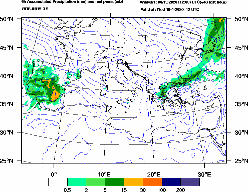 6h Accumulated Precipitation (mm) and msl press (mb) - 2020-04-15 06:00