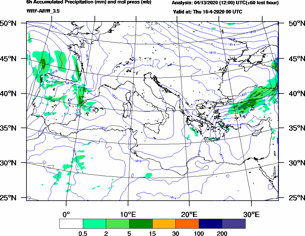6h Accumulated Precipitation (mm) and msl press (mb) - 2020-04-15 18:00