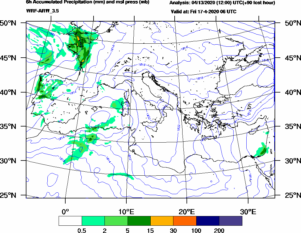 6h Accumulated Precipitation (mm) and msl press (mb) - 2020-04-17 00:00