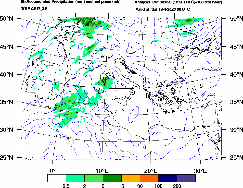 6h Accumulated Precipitation (mm) and msl press (mb) - 2020-04-17 18:00