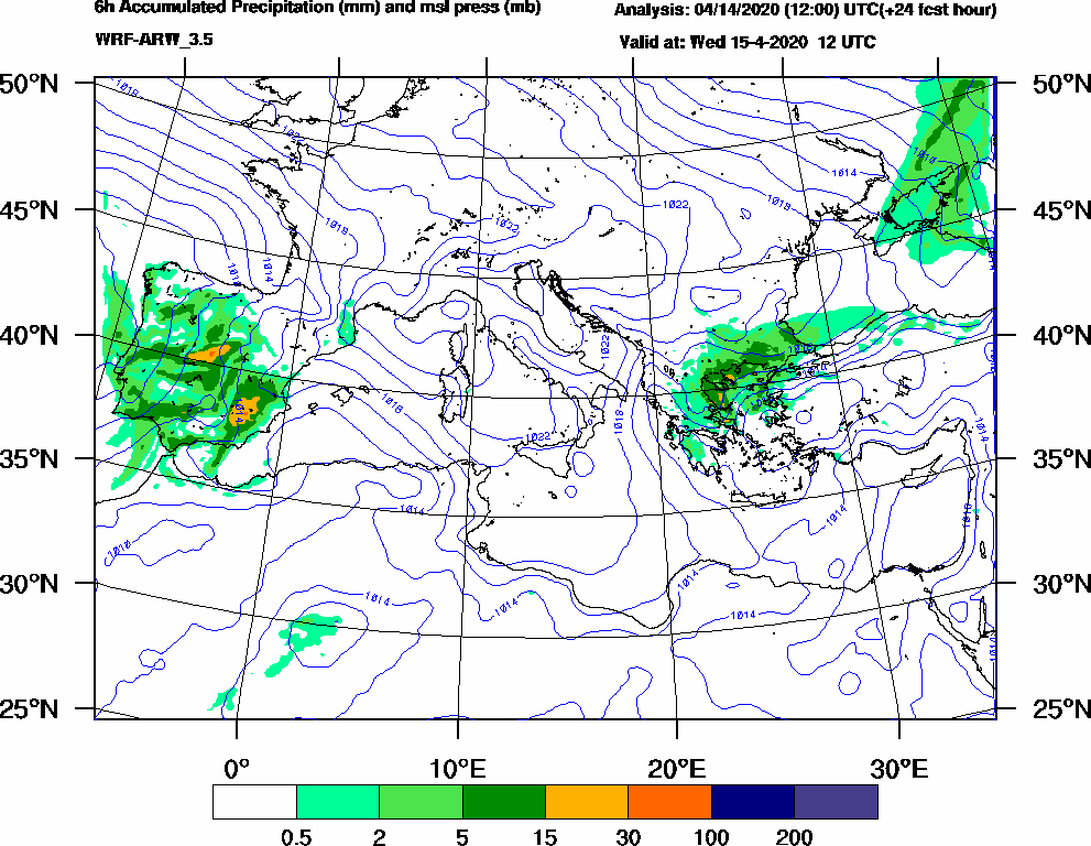 6h Accumulated Precipitation (mm) and msl press (mb) - 2020-04-15 06:00