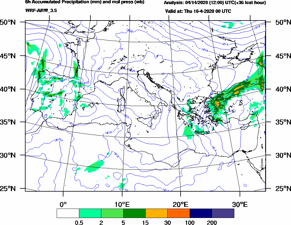 6h Accumulated Precipitation (mm) and msl press (mb) - 2020-04-15 18:00