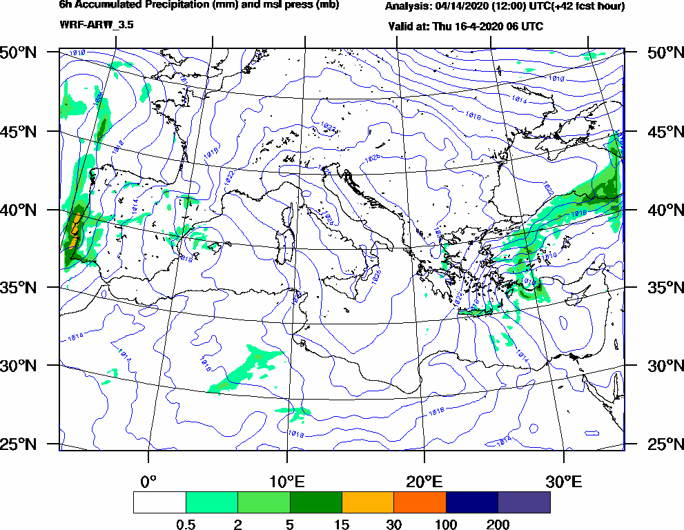 6h Accumulated Precipitation (mm) and msl press (mb) - 2020-04-16 00:00