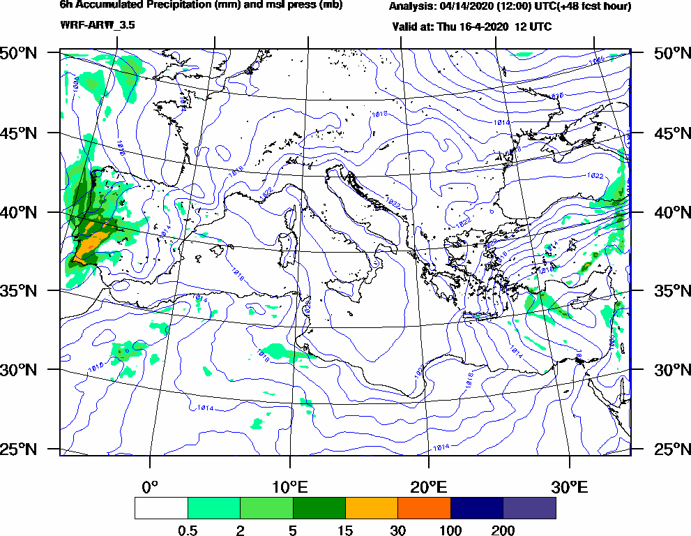 6h Accumulated Precipitation (mm) and msl press (mb) - 2020-04-16 06:00