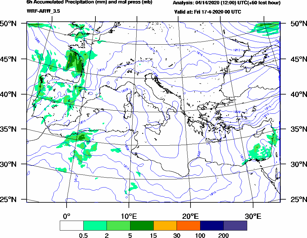 6h Accumulated Precipitation (mm) and msl press (mb) - 2020-04-16 18:00