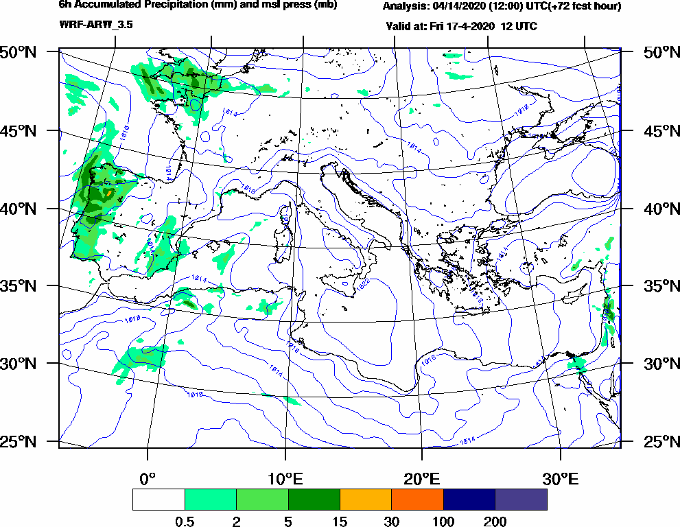 6h Accumulated Precipitation (mm) and msl press (mb) - 2020-04-17 06:00