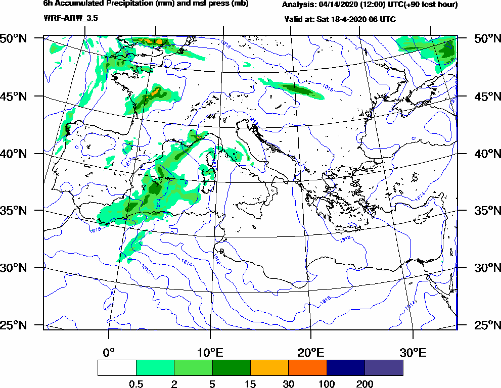 6h Accumulated Precipitation (mm) and msl press (mb) - 2020-04-18 00:00