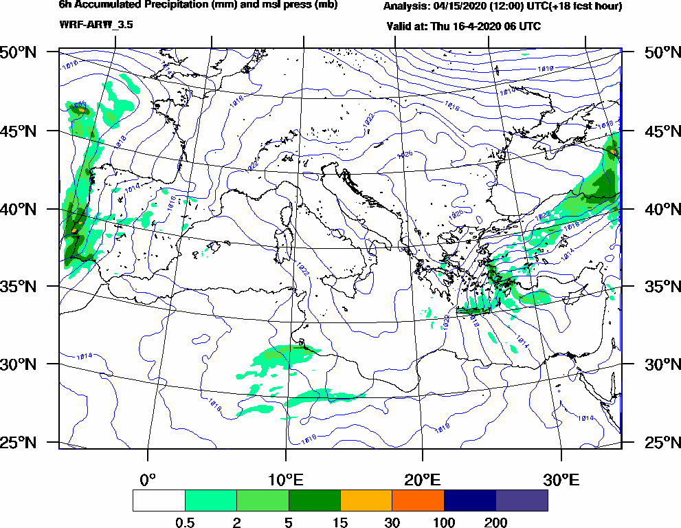 6h Accumulated Precipitation (mm) and msl press (mb) - 2020-04-16 00:00
