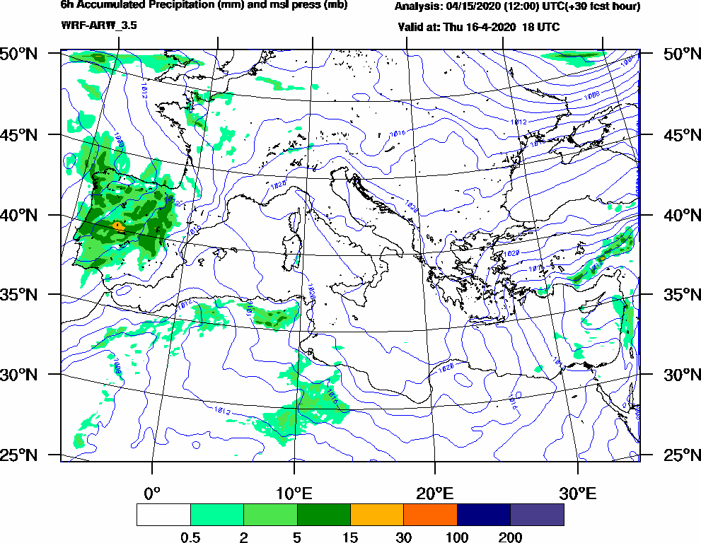6h Accumulated Precipitation (mm) and msl press (mb) - 2020-04-16 12:00