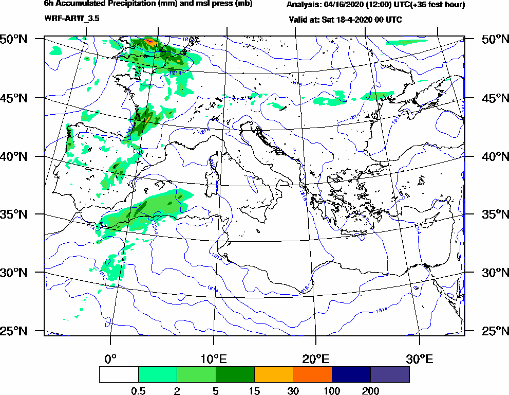 6h Accumulated Precipitation (mm) and msl press (mb) - 2020-04-17 18:00