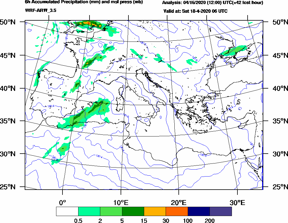 6h Accumulated Precipitation (mm) and msl press (mb) - 2020-04-18 00:00