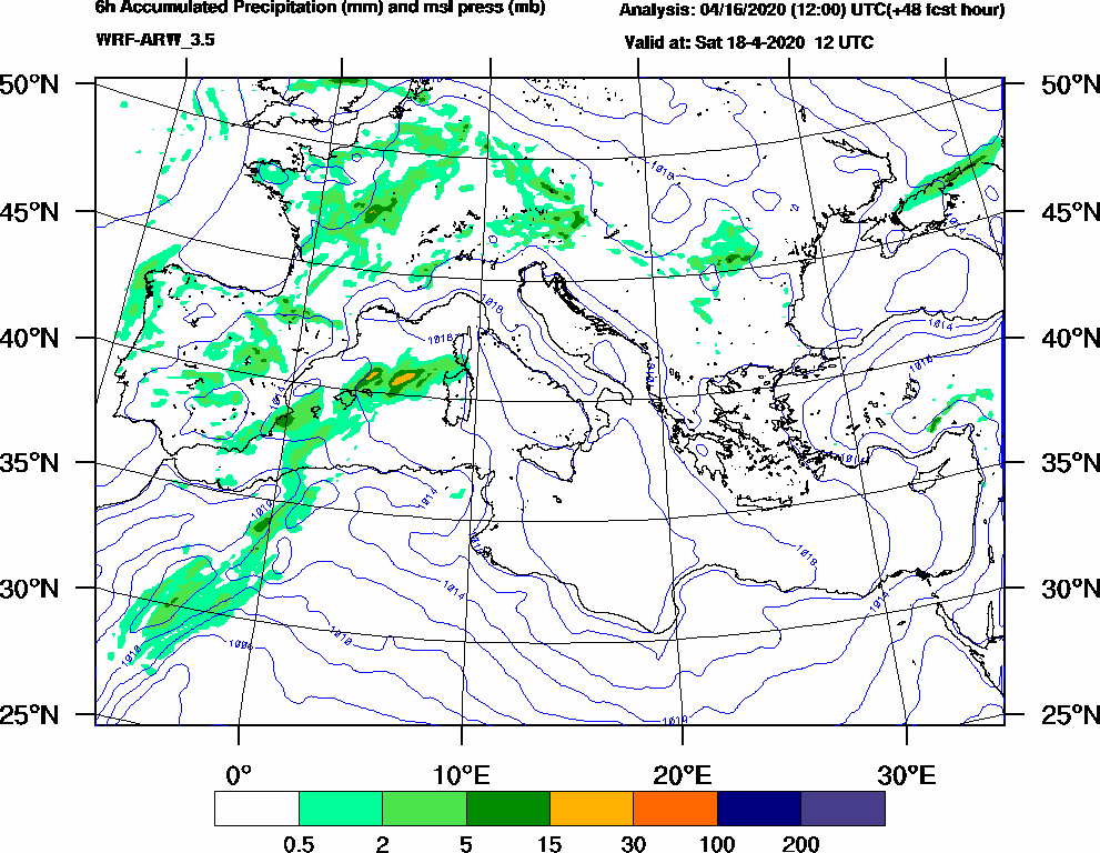6h Accumulated Precipitation (mm) and msl press (mb) - 2020-04-18 06:00