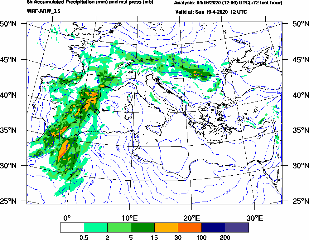 6h Accumulated Precipitation (mm) and msl press (mb) - 2020-04-19 06:00