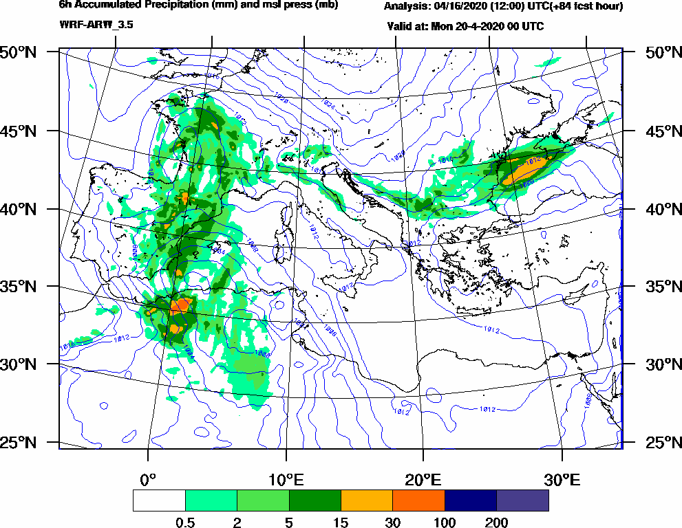 6h Accumulated Precipitation (mm) and msl press (mb) - 2020-04-19 18:00