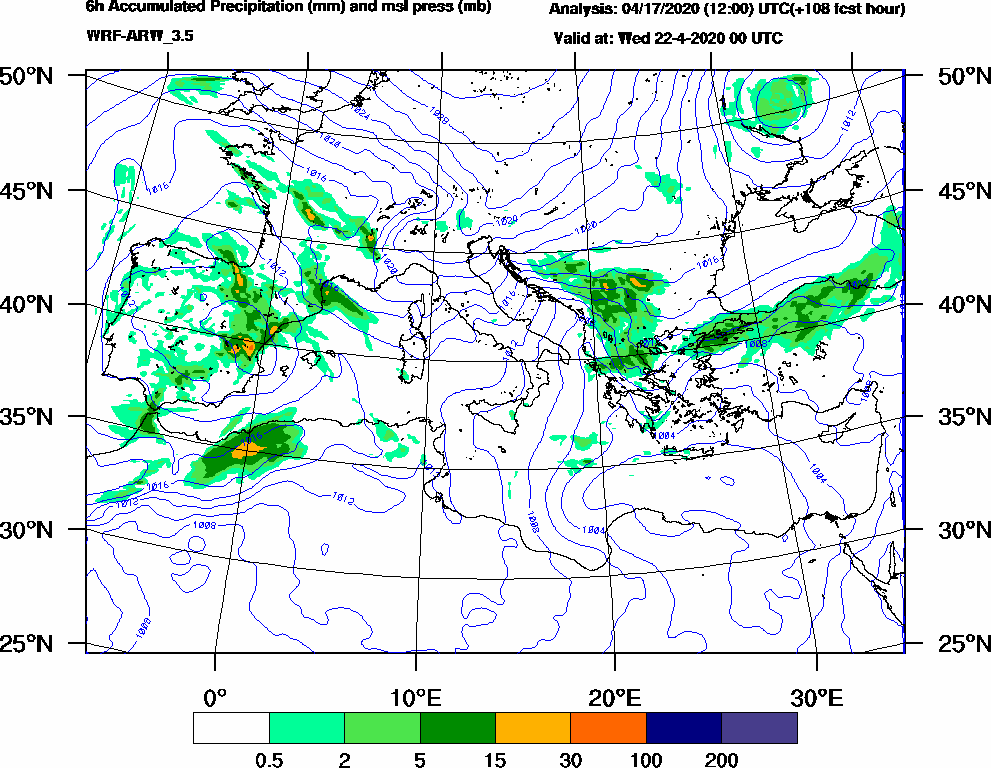 6h Accumulated Precipitation (mm) and msl press (mb) - 2020-04-21 18:00