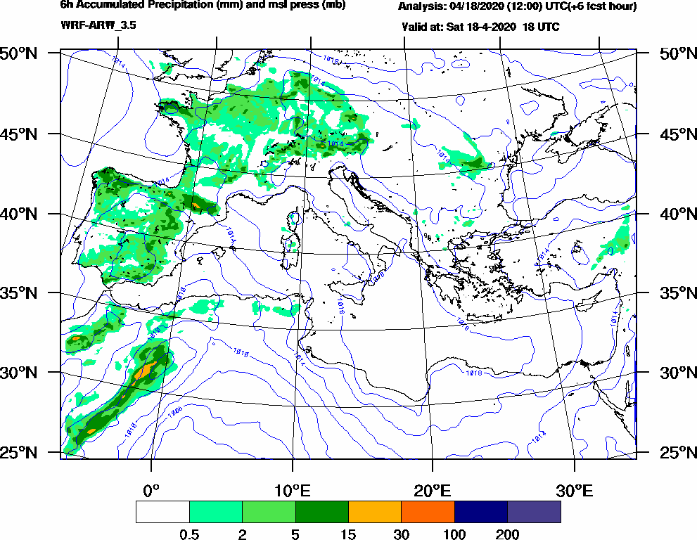 6h Accumulated Precipitation (mm) and msl press (mb) - 2020-04-18 12:00