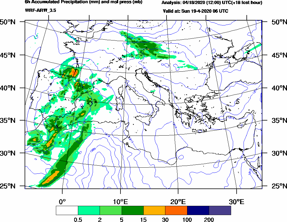 6h Accumulated Precipitation (mm) and msl press (mb) - 2020-04-19 00:00