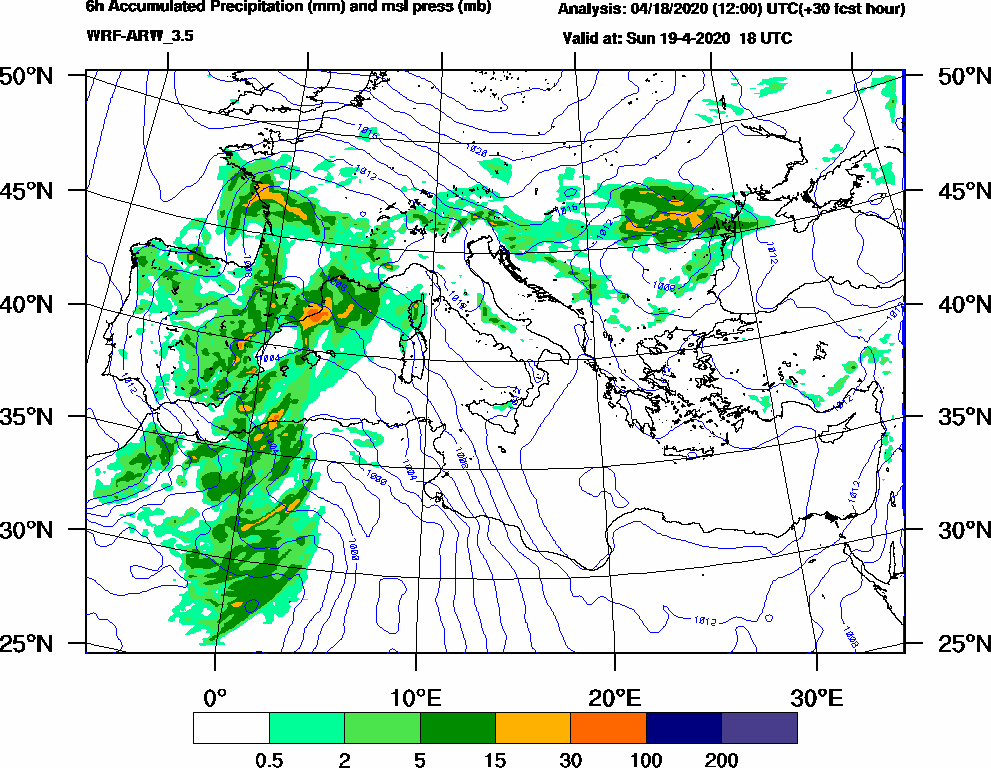 6h Accumulated Precipitation (mm) and msl press (mb) - 2020-04-19 12:00