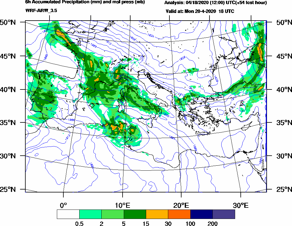 6h Accumulated Precipitation (mm) and msl press (mb) - 2020-04-20 12:00