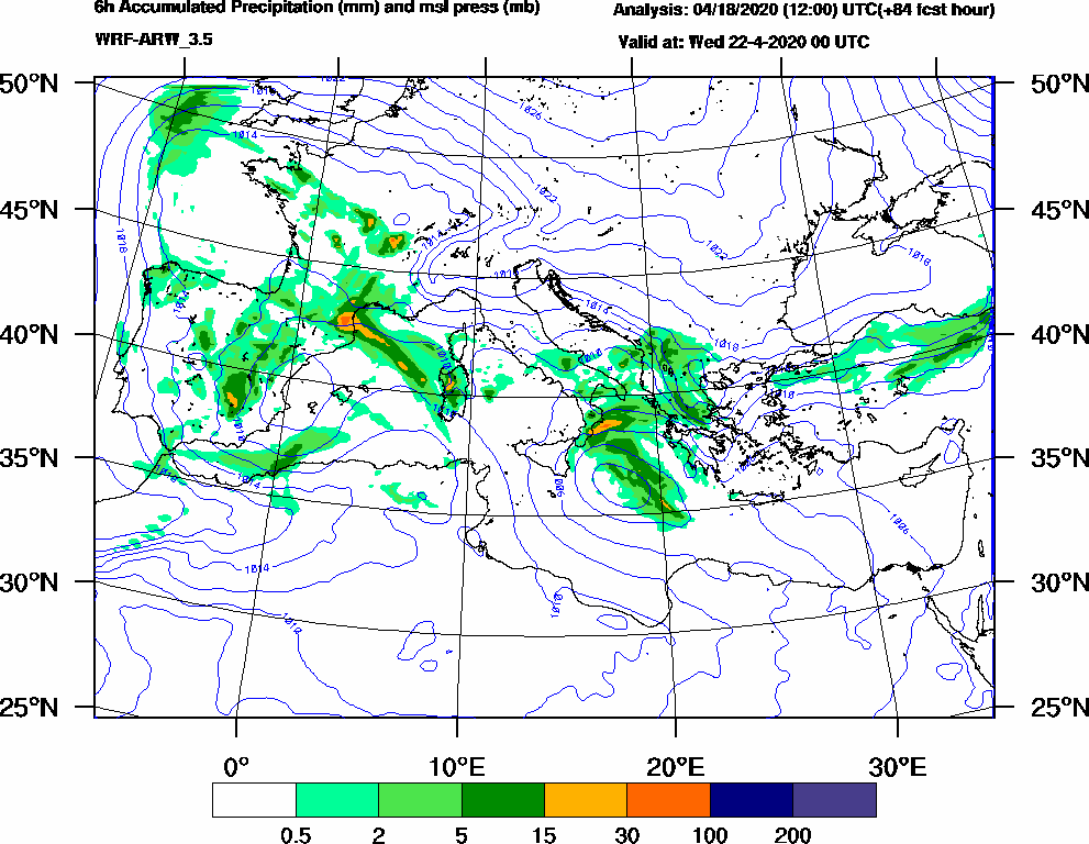 6h Accumulated Precipitation (mm) and msl press (mb) - 2020-04-21 18:00