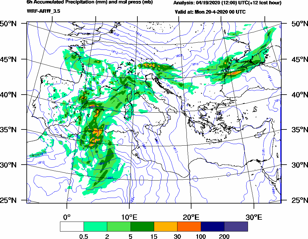 6h Accumulated Precipitation (mm) and msl press (mb) - 2020-04-19 18:00