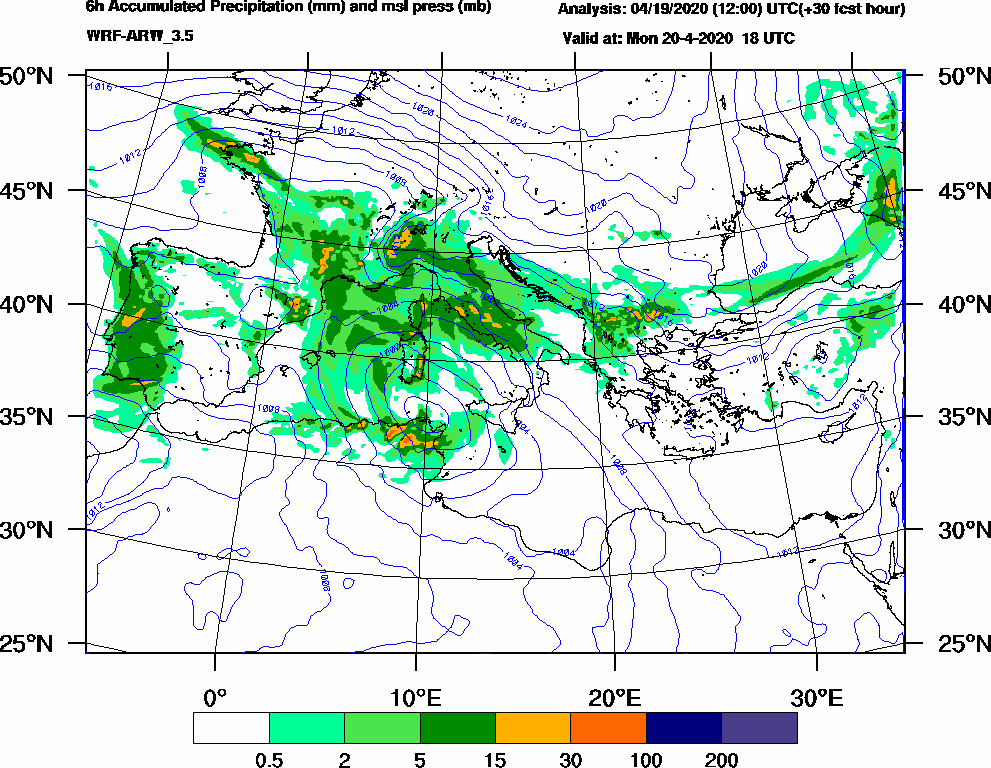 6h Accumulated Precipitation (mm) and msl press (mb) - 2020-04-20 12:00