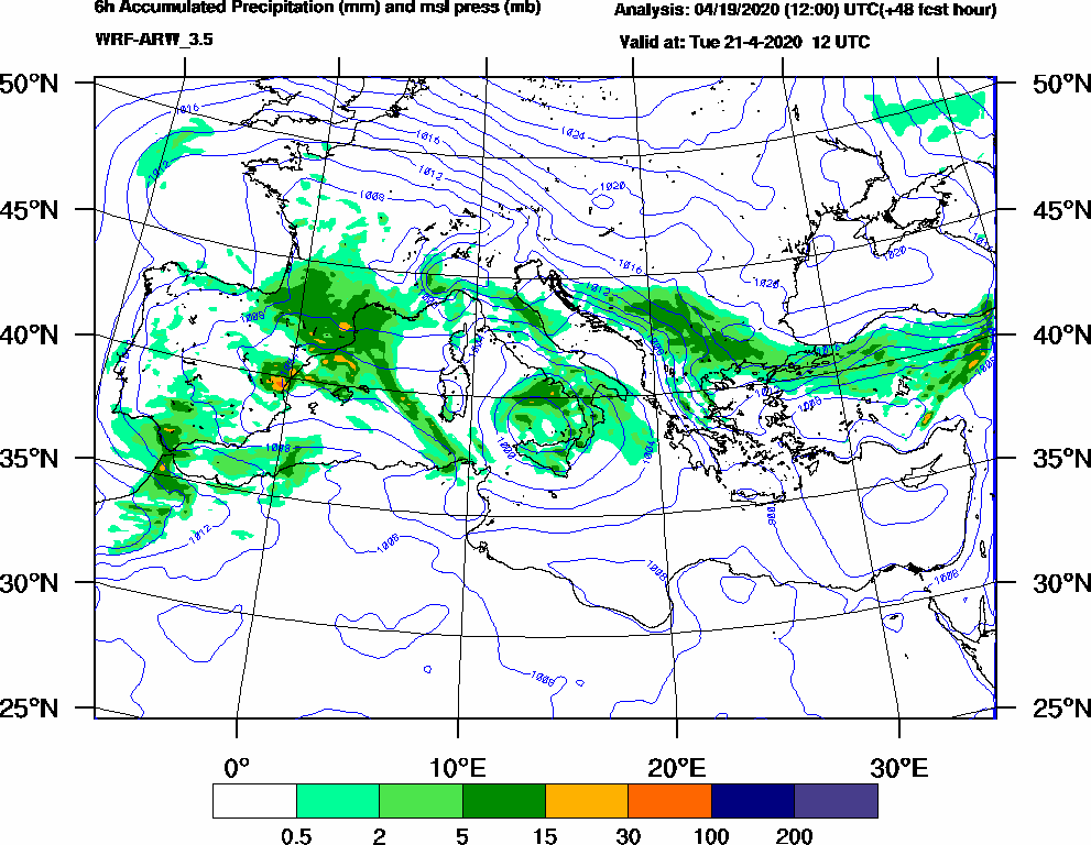 6h Accumulated Precipitation (mm) and msl press (mb) - 2020-04-21 06:00