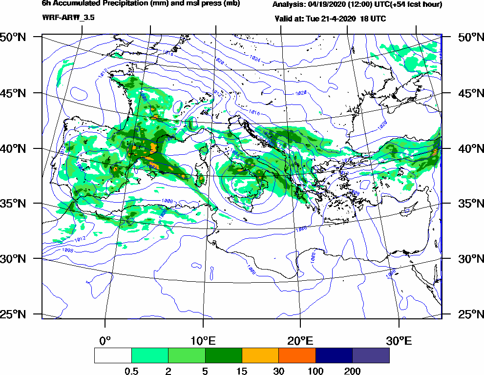 6h Accumulated Precipitation (mm) and msl press (mb) - 2020-04-21 12:00