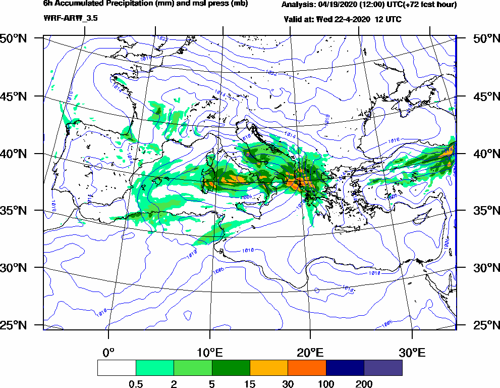 6h Accumulated Precipitation (mm) and msl press (mb) - 2020-04-22 06:00