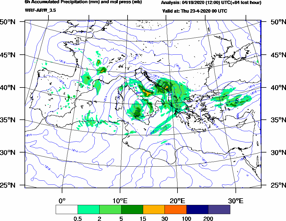 6h Accumulated Precipitation (mm) and msl press (mb) - 2020-04-22 18:00