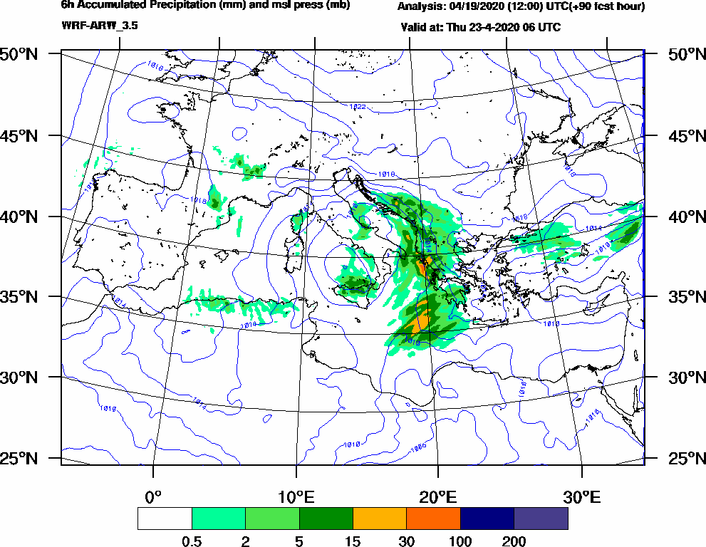 6h Accumulated Precipitation (mm) and msl press (mb) - 2020-04-23 00:00
