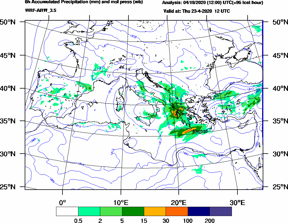 6h Accumulated Precipitation (mm) and msl press (mb) - 2020-04-23 06:00