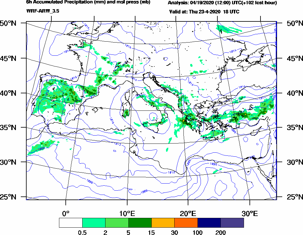 6h Accumulated Precipitation (mm) and msl press (mb) - 2020-04-23 12:00
