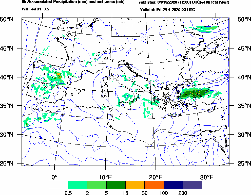 6h Accumulated Precipitation (mm) and msl press (mb) - 2020-04-23 18:00