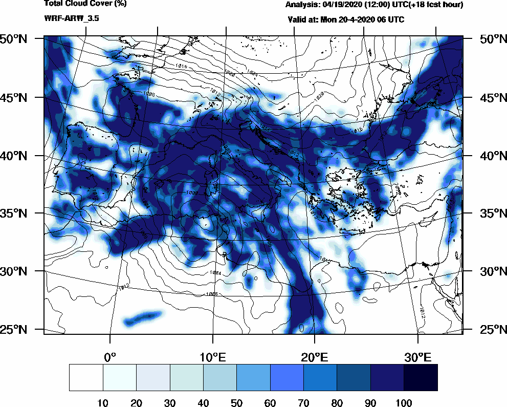 Total cloud cover (%) - 2020-04-20 00:00