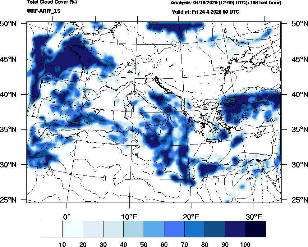 Total cloud cover (%) - 2020-04-23 18:00