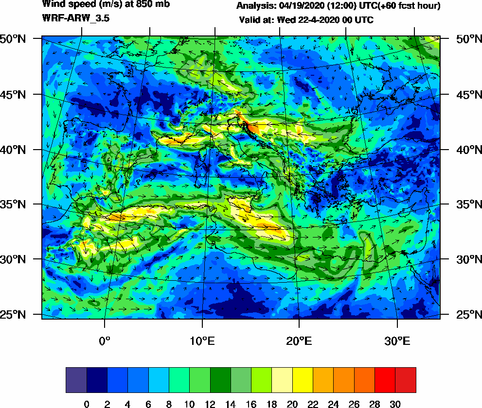 Wind speed (m/s) at 850 mb - 2020-04-22 00:00