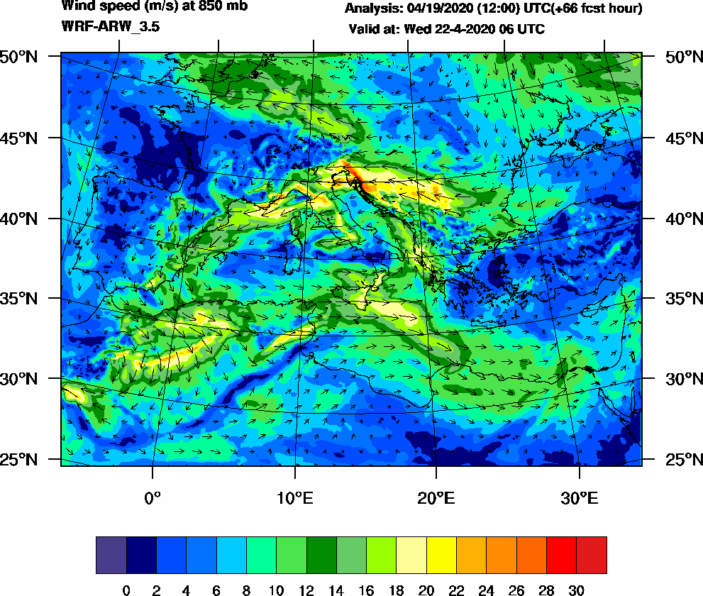 Wind speed (m/s) at 850 mb - 2020-04-22 06:00