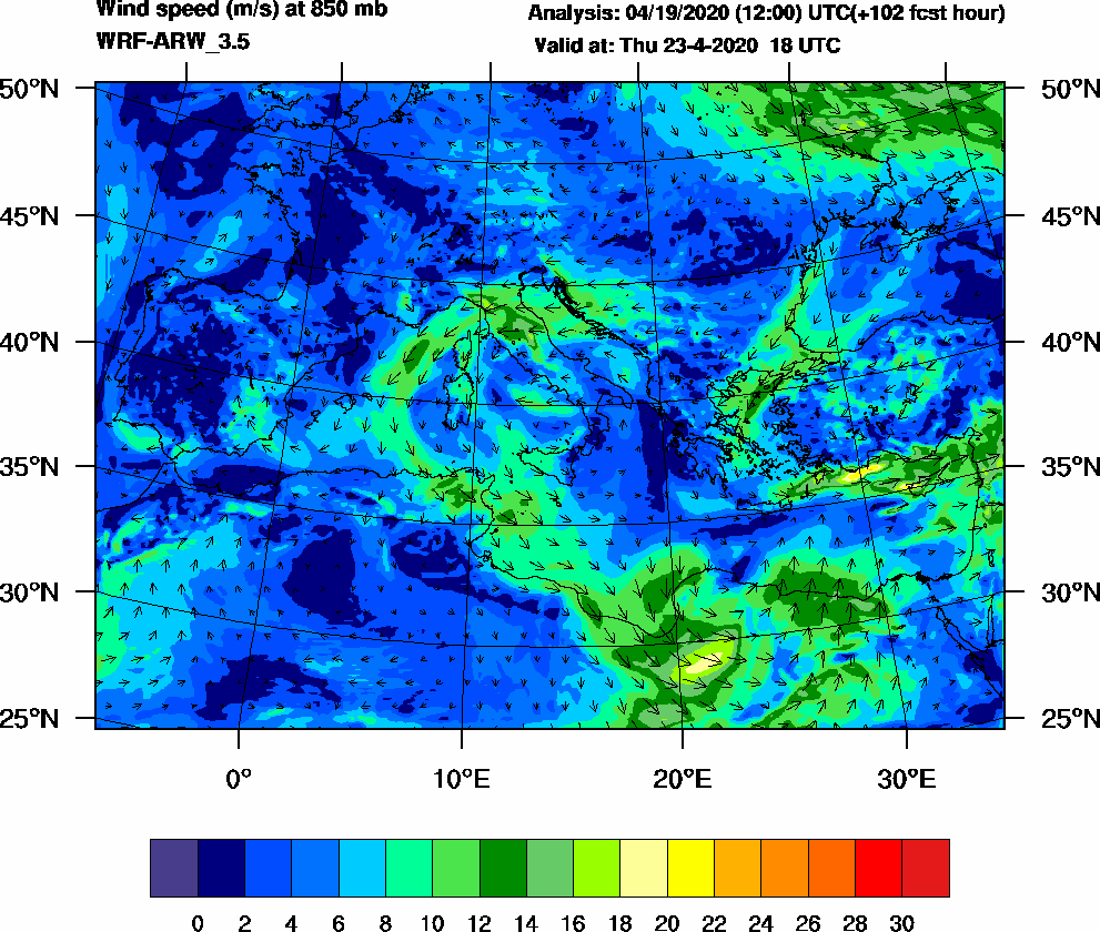 Wind speed (m/s) at 850 mb - 2020-04-23 18:00